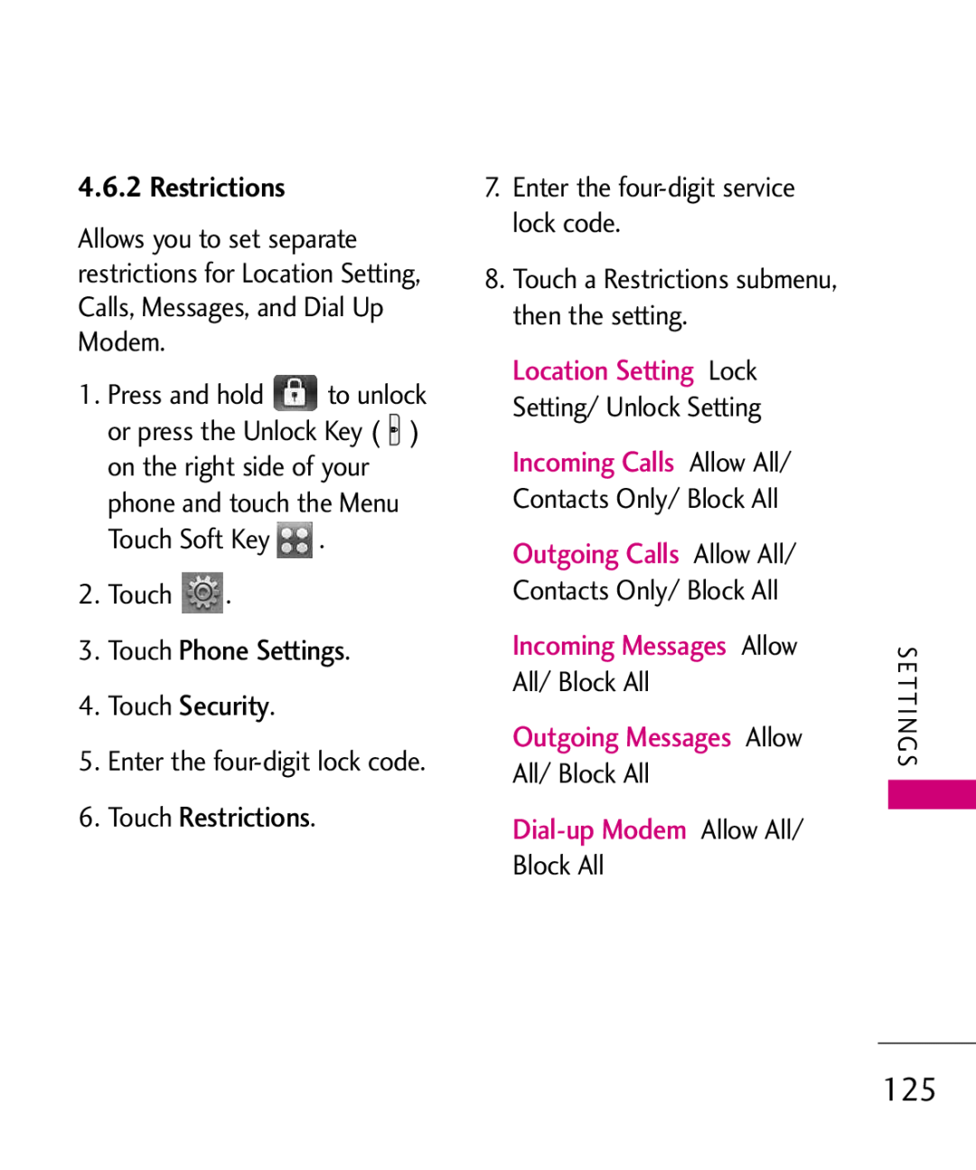 LG Electronics MMBB0379501 manual Touch Phone Settings 4. Touch Security, Touch Restrictions 