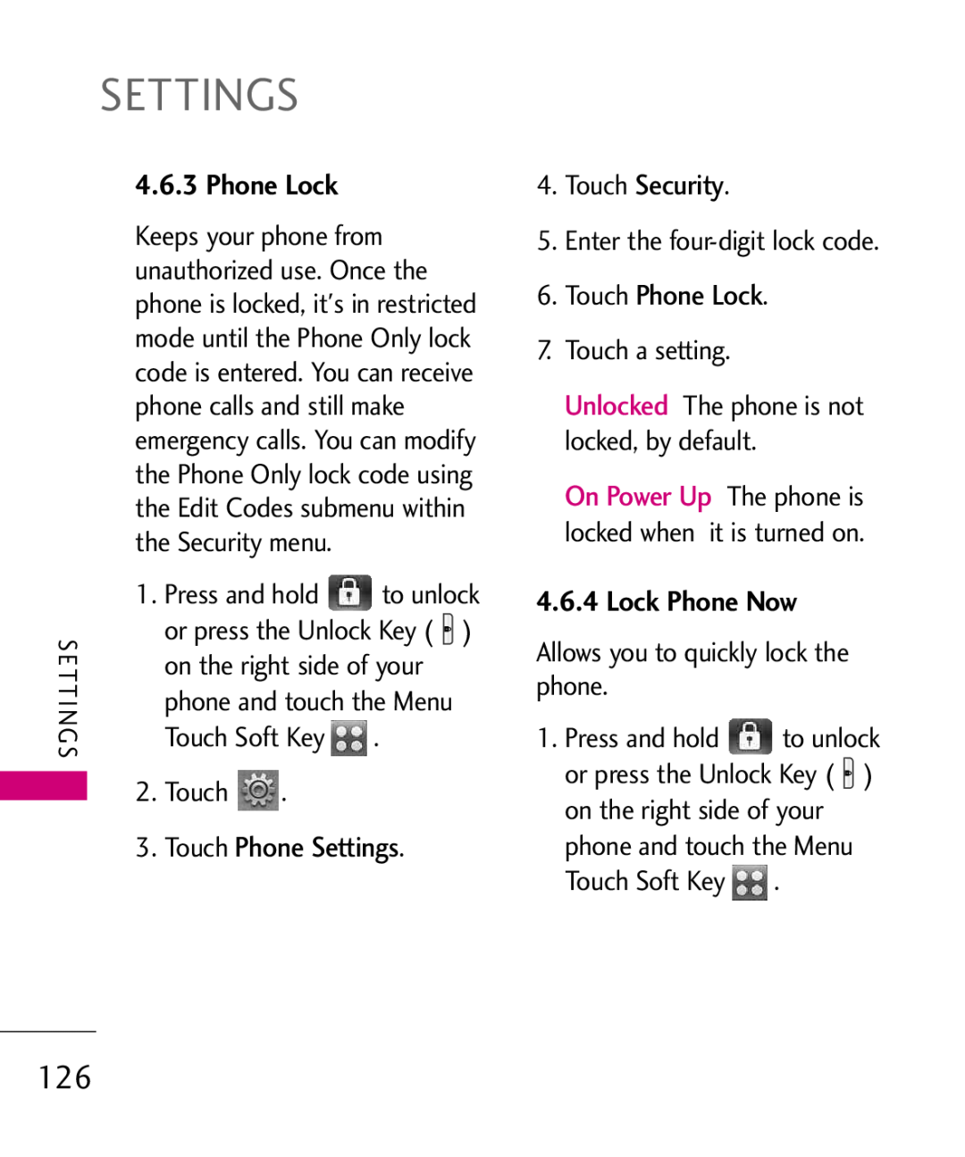 LG Electronics MMBB0379501 Touch Phone Settings, Touch Security, Touch Phone Lock, Lock Phone Now, Press and hold 