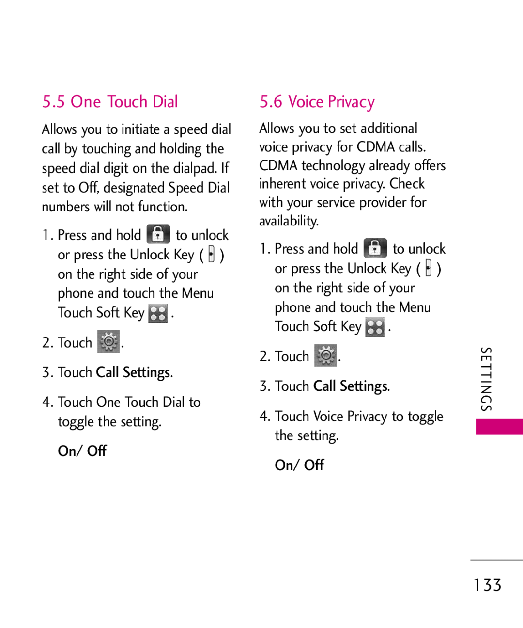 LG Electronics MMBB0379501 manual Touch Call Settings, On/ Off, Touch One Touch Dial to toggle the setting 