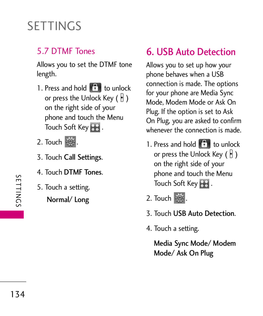 LG Electronics MMBB0379501 manual Touch Call Settings, Touch DTMF Tones, Touch USB Auto Detection, Press and hold 