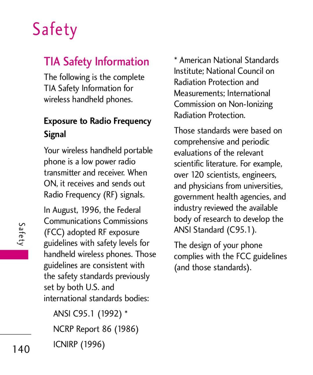 LG Electronics MMBB0379501 Signal, TIA Safety Information for, wireless handheld phones, phone is a low power radio 