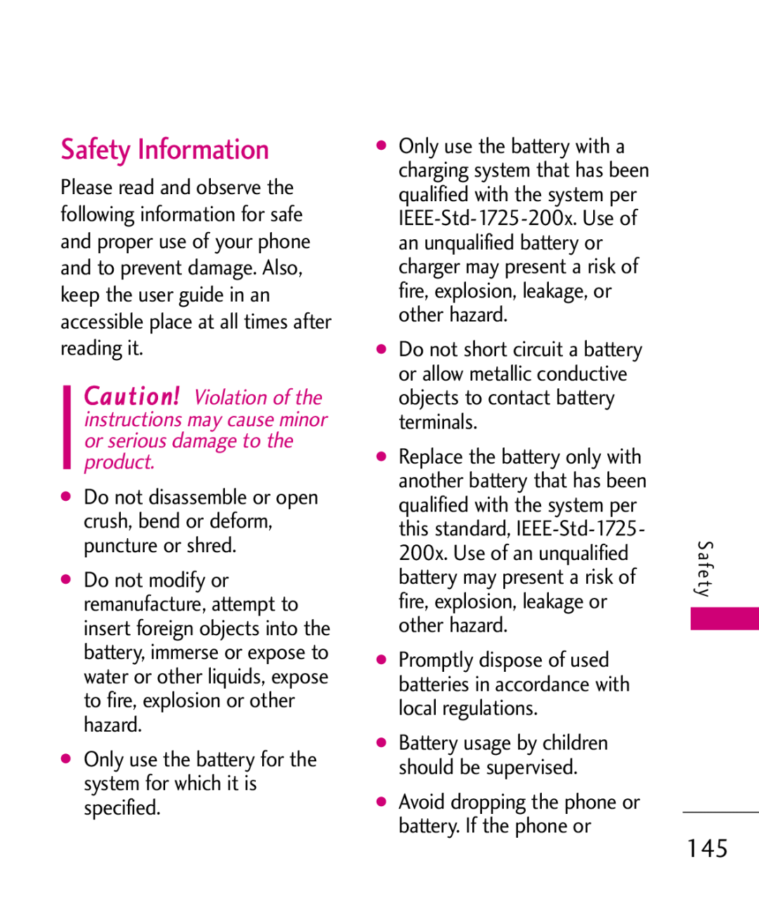 LG Electronics MMBB0379501 manual Safety Information, Only use the battery for the system for which it is specified 