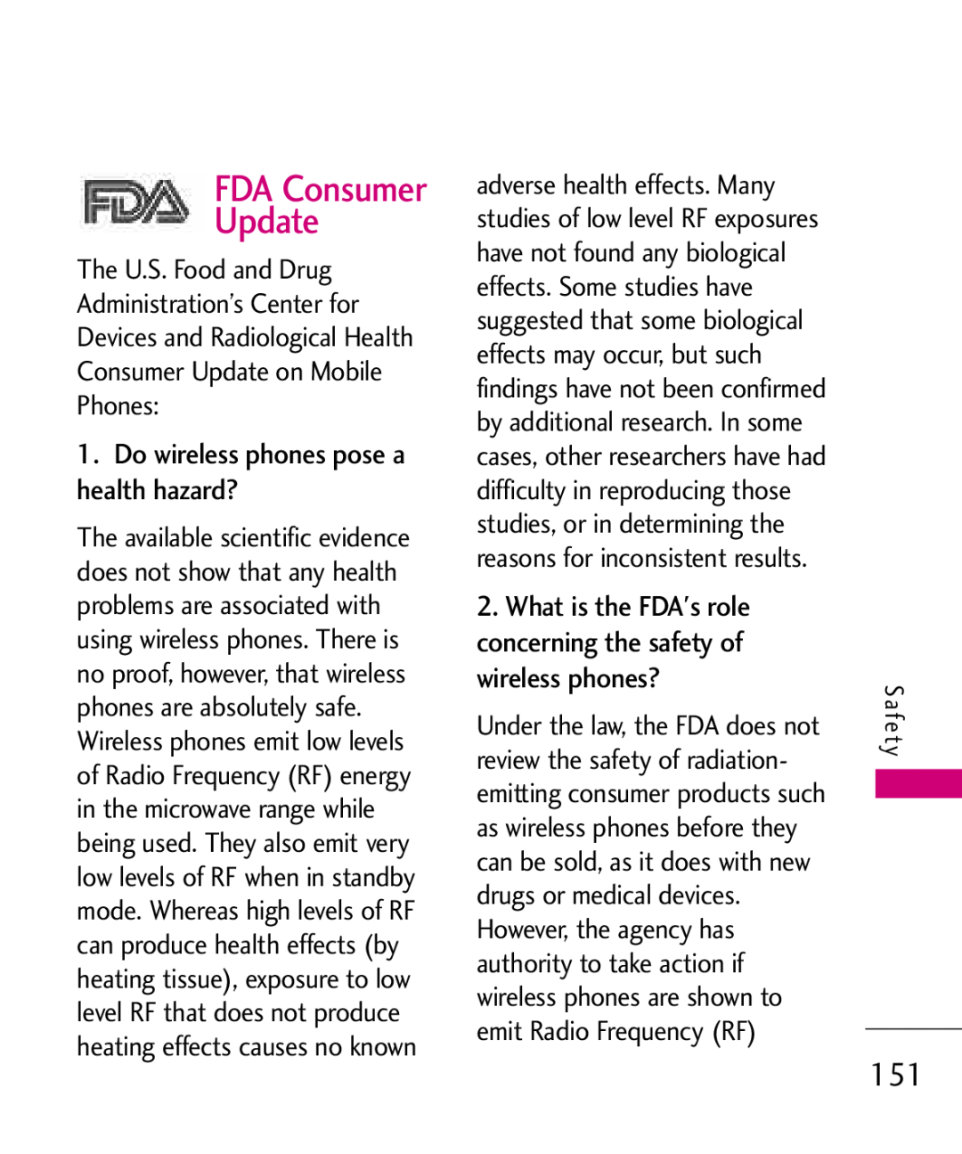 LG Electronics MMBB0379501 manual FDA Consumer Update, Do wireless phones pose a health hazard? 