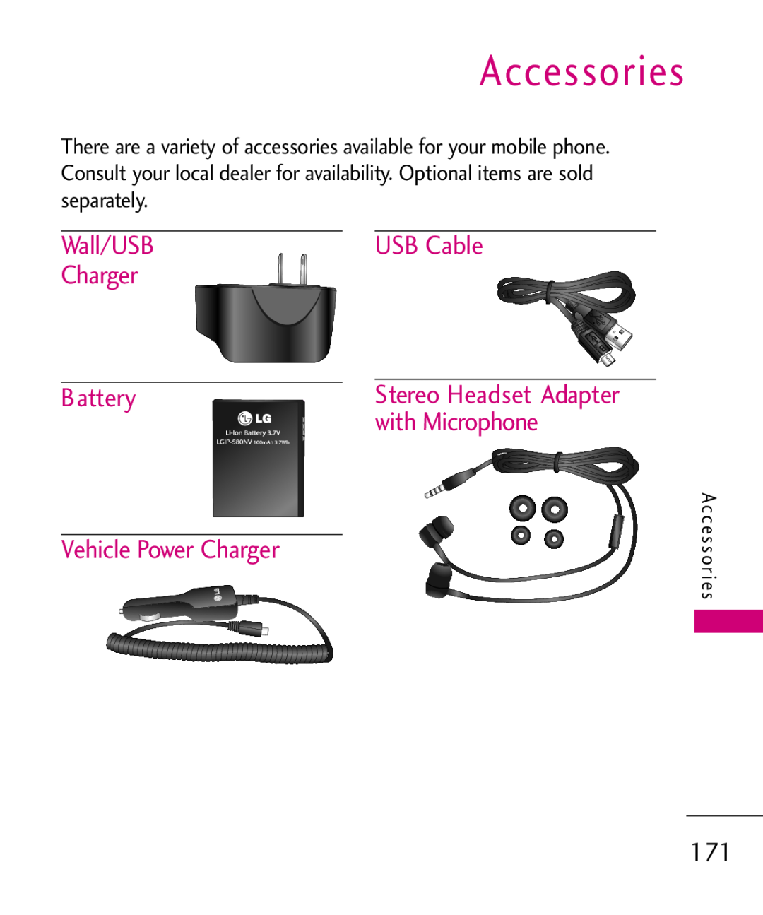 LG Electronics MMBB0379501 manual Accessories, Wall/USB, USB Cable, Battery, with Microphone, Vehicle Power Charger 