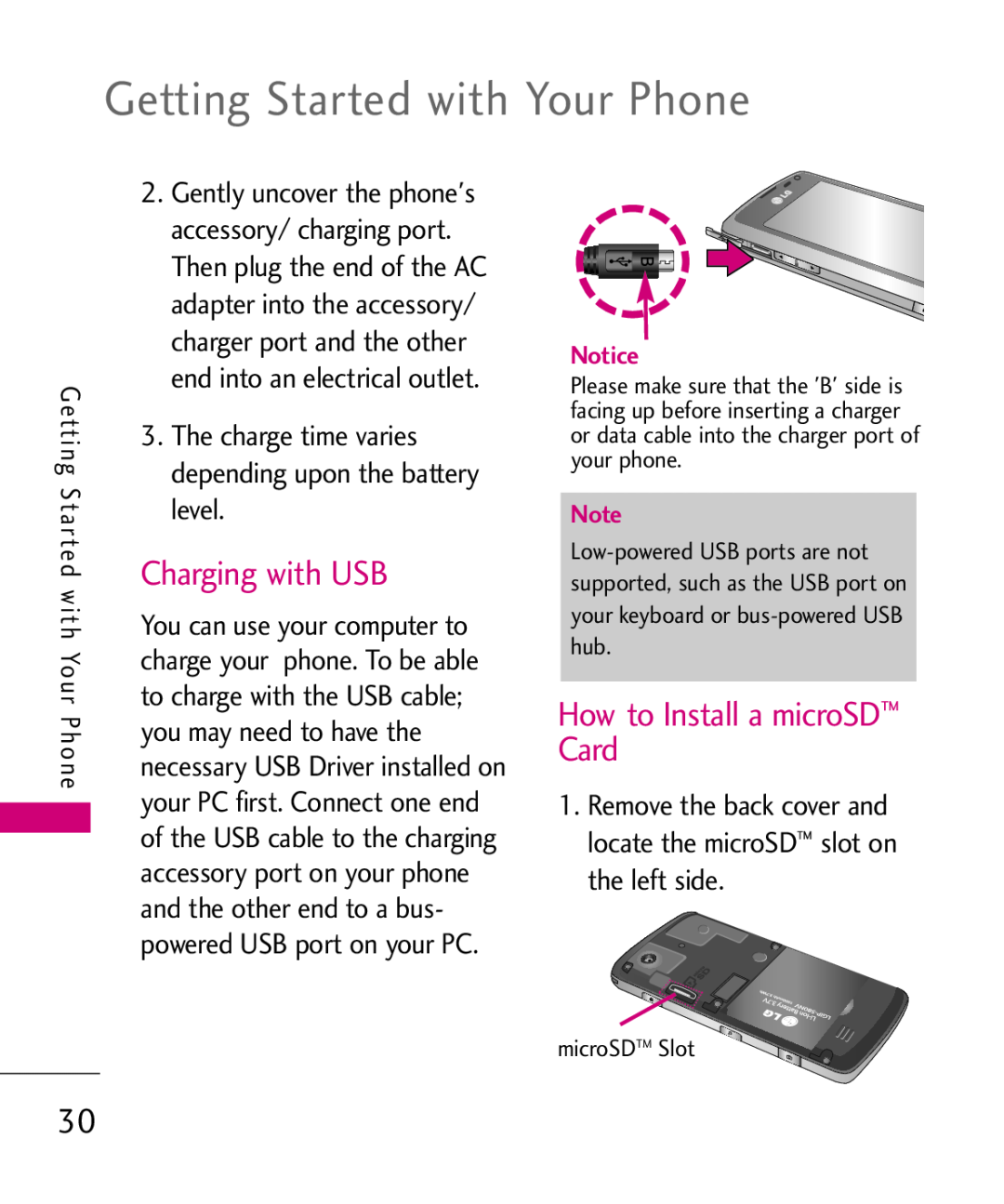 LG Electronics MMBB0379501 manual Getting Started with Your Phone, Charging with USB, How to Install a microSD Card 