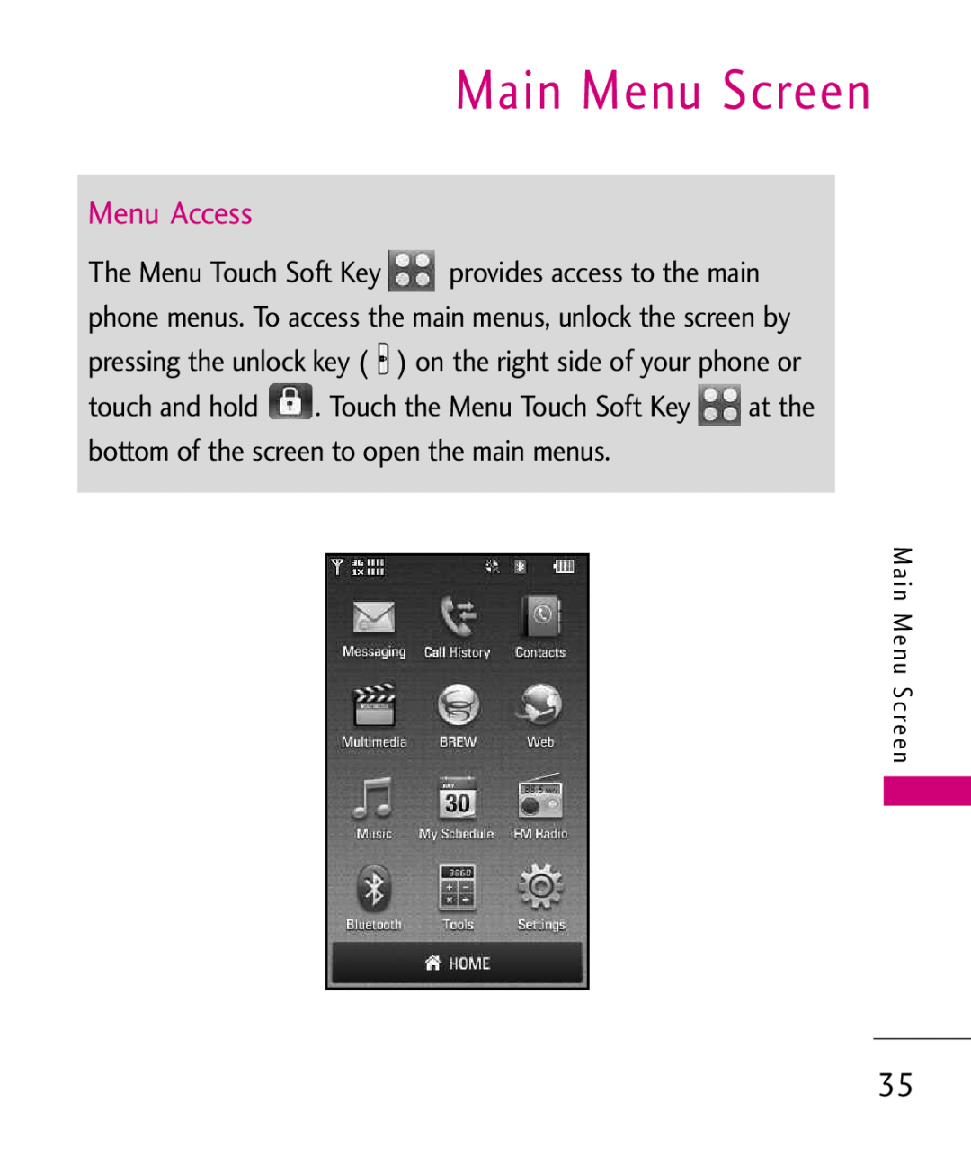 LG Electronics MMBB0379501 manual Main Menu Screen, M a i n M e n u S c re e n 