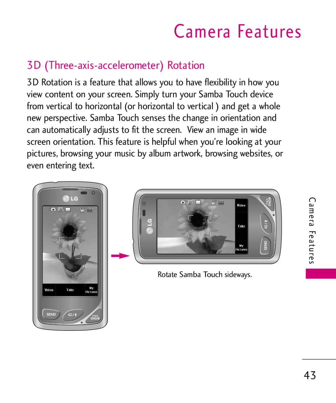 LG Electronics MMBB0379501 manual Camera Features, 3D Three-axis-accelerometer Rotation 