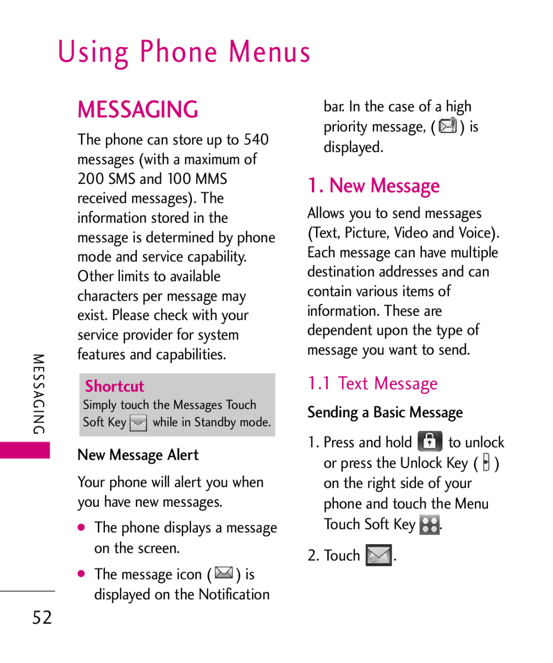 LG Electronics MMBB0379501 Using Phone Menus, Messaging, Shortcut, New Message Alert, Sending a Basic Message, Touch 
