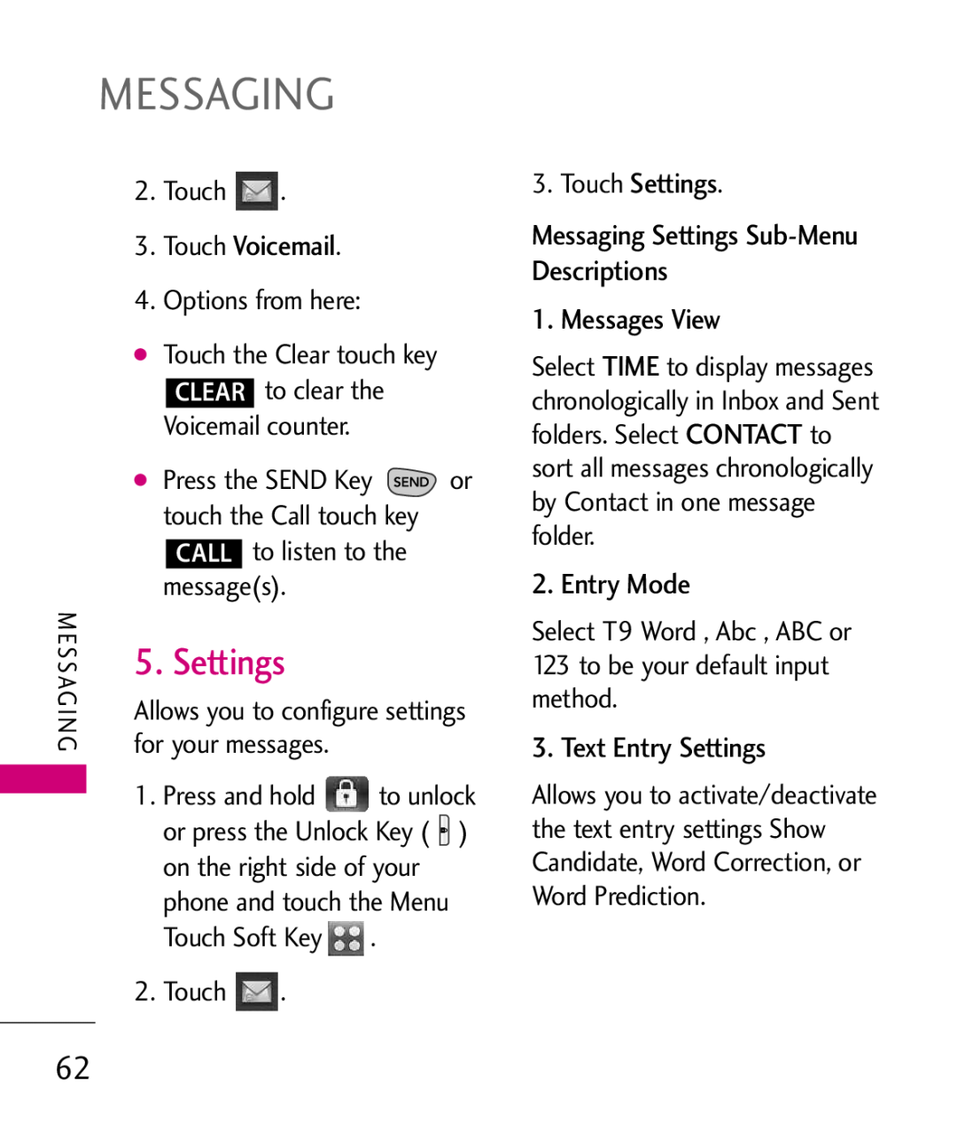 LG Electronics MMBB0379501 Touch Voicemail, Touch Settings Messaging Settings Sub-Menu Descriptions, Messages View 