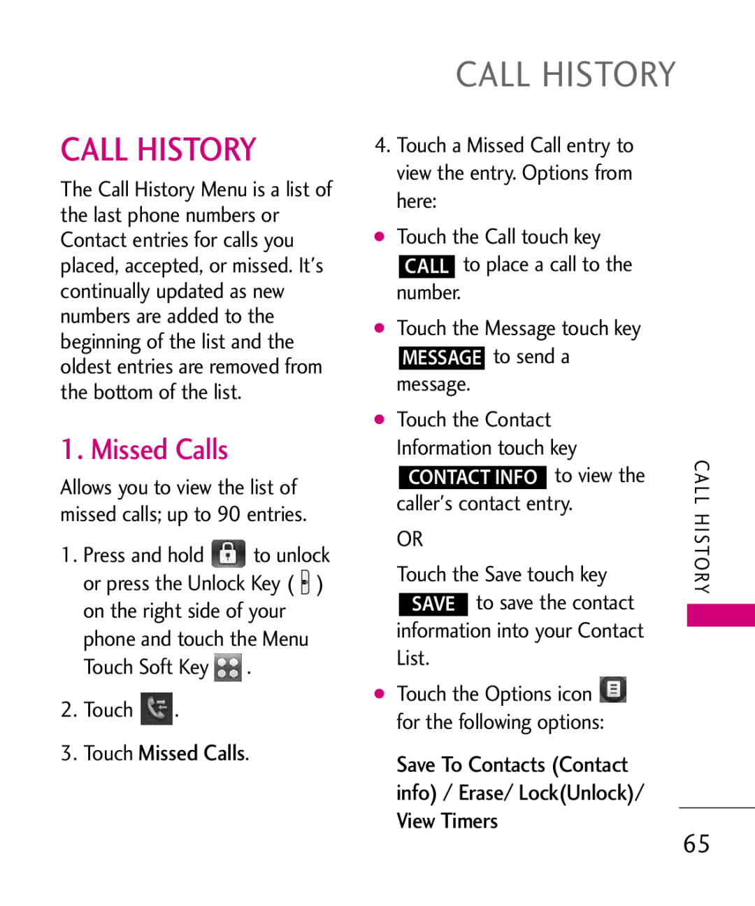 LG Electronics MMBB0379501 manual Call History, Touch Missed Calls 