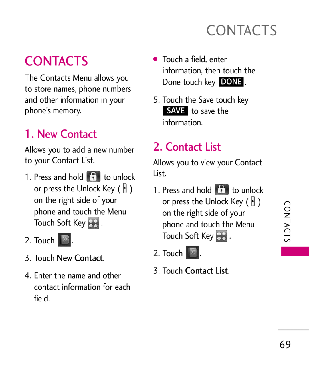 LG Electronics MMBB0379501 manual Contacts, Touch New Contact, Touch Contact List 