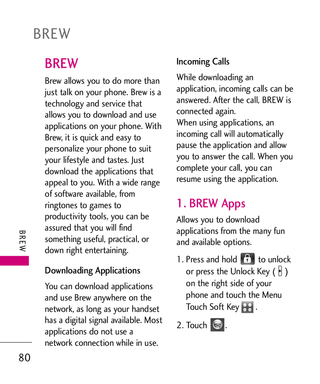 LG Electronics MMBB0379501 manual Brew, BREW Apps, Incoming Calls 
