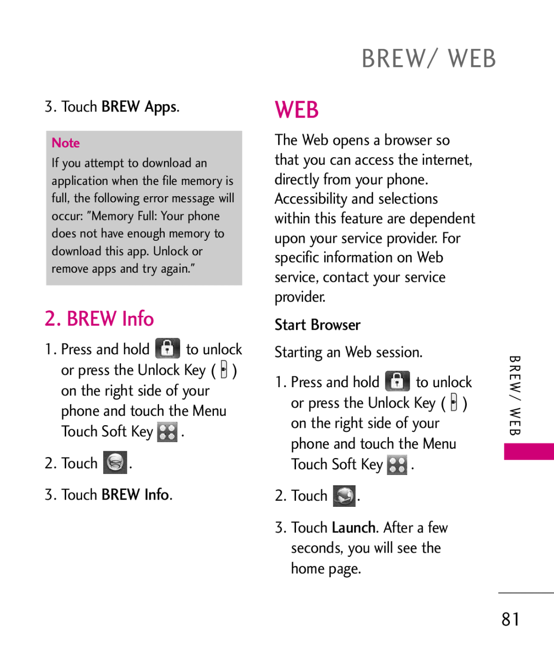 LG Electronics MMBB0379501 manual Brew/ Web, Touch BREW Apps, Touch BREW Info, Start Browser, Starting an Web session 