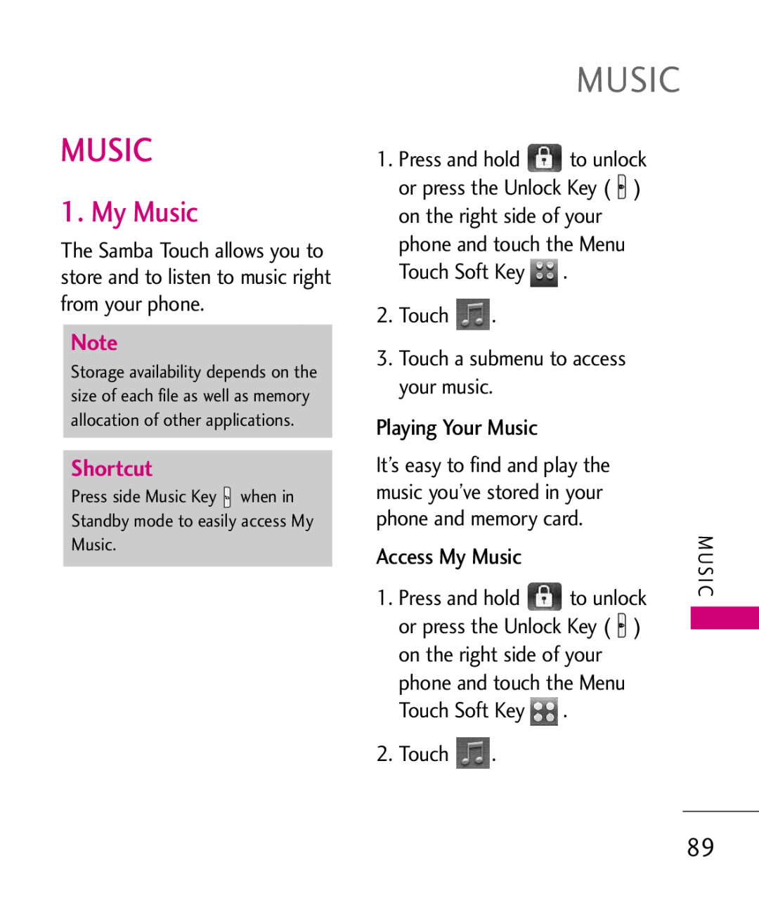 LG Electronics MMBB0379501 manual My Music, Shortcut, Playing Your Music, Touch 3. Touch a submenu to access your music 