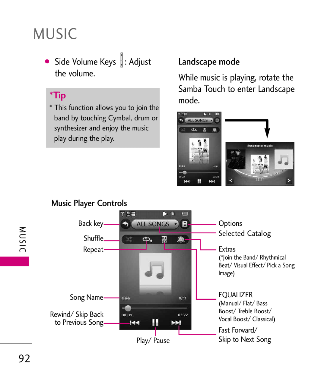 LG Electronics MMBB0379501 manual Landscape mode, Side Volume Keys Adjust the volume, Music Player Controls 