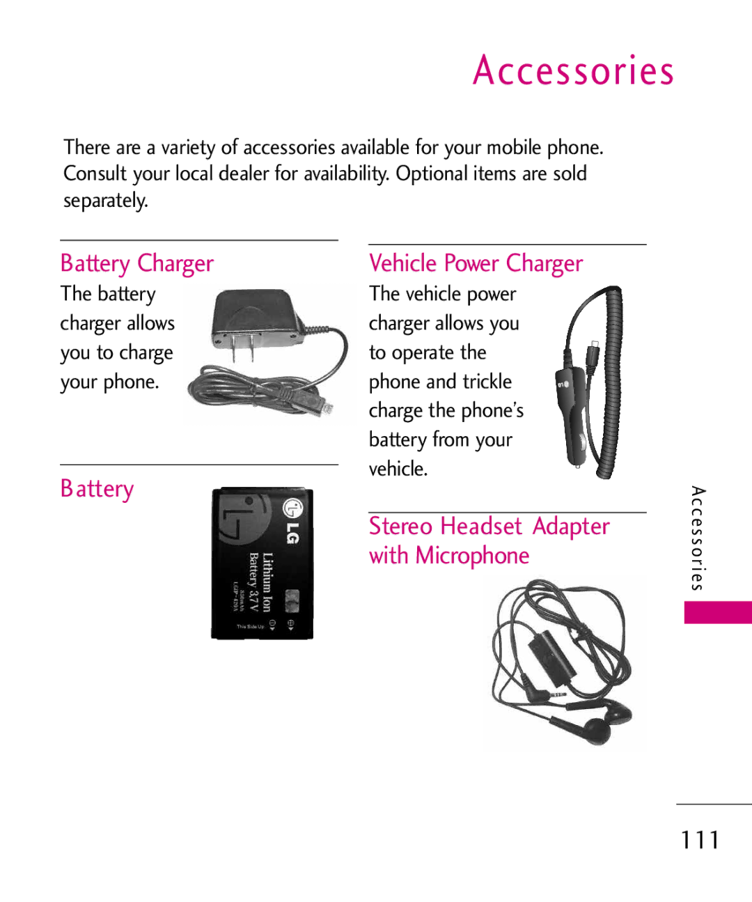 LG Electronics MMBB0386201 manual Accessories, Battery Charger, With Microphone, Vehicle 