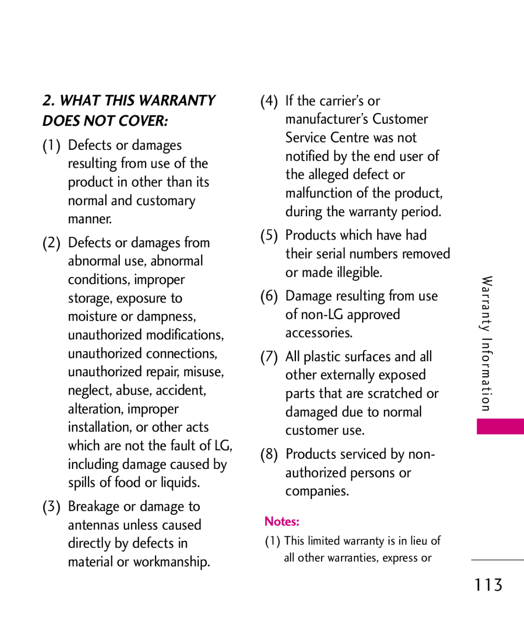 LG Electronics MMBB0386201 manual Damage resulting from use of non-LG approved accessories 