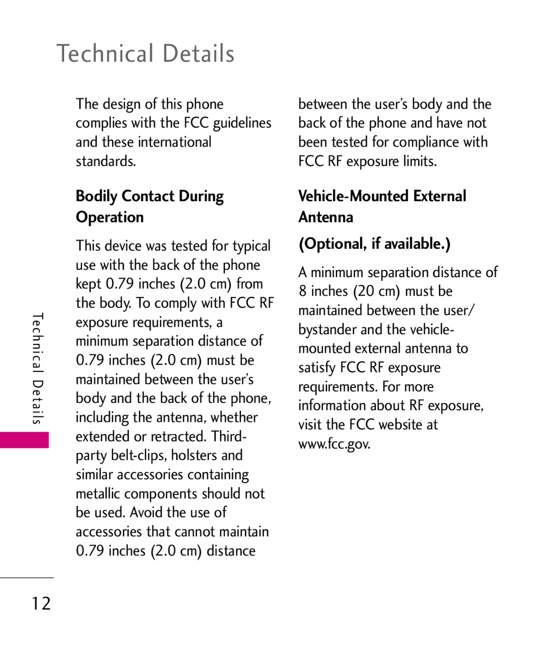 LG Electronics MMBB0386201 manual Technical Details, Bodily Contact During Operation, Inches 2.0 cm distance 