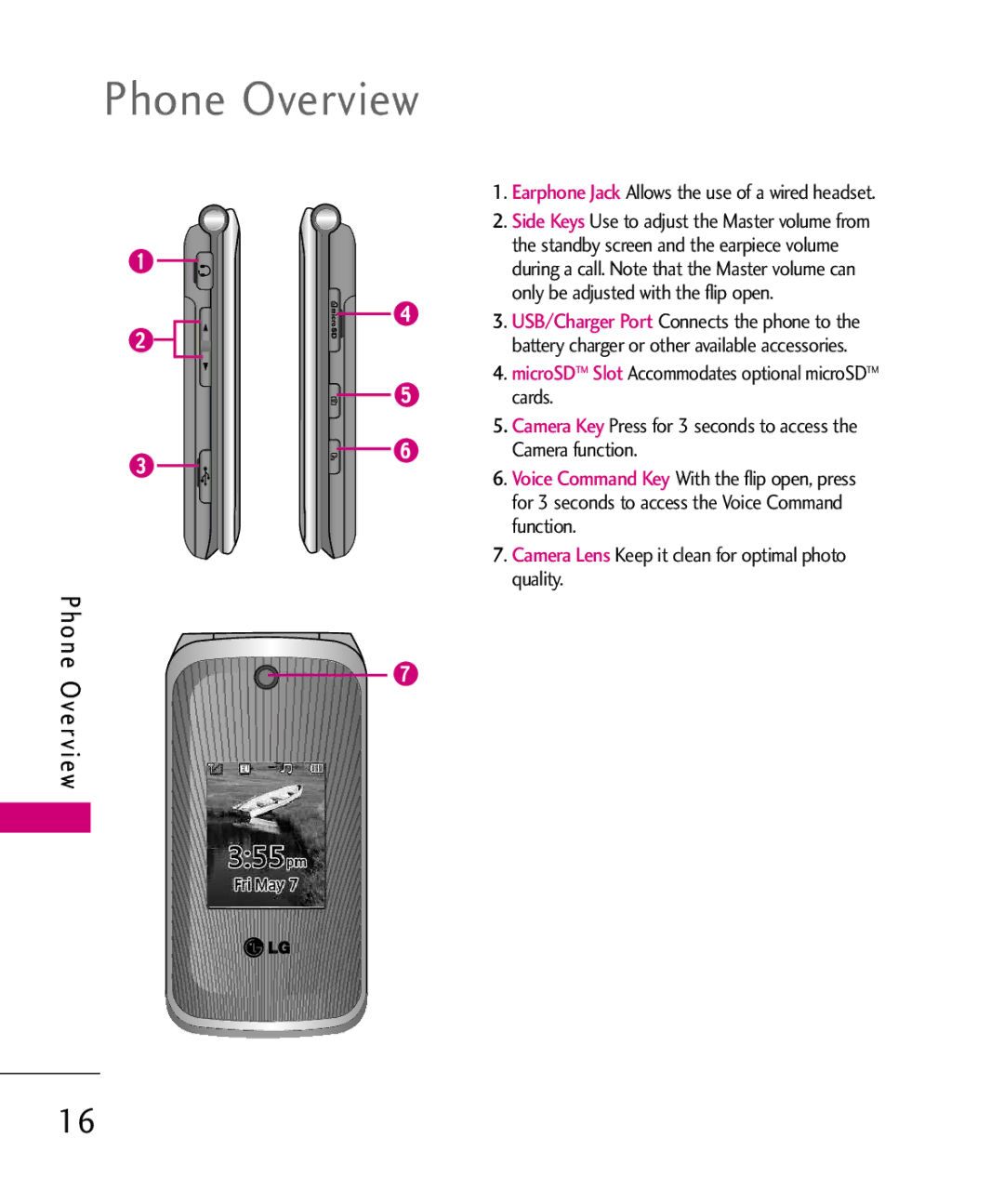 LG Electronics MMBB0386201 manual Phone Overview, Earphone Jack Allows the use of a wired headset 