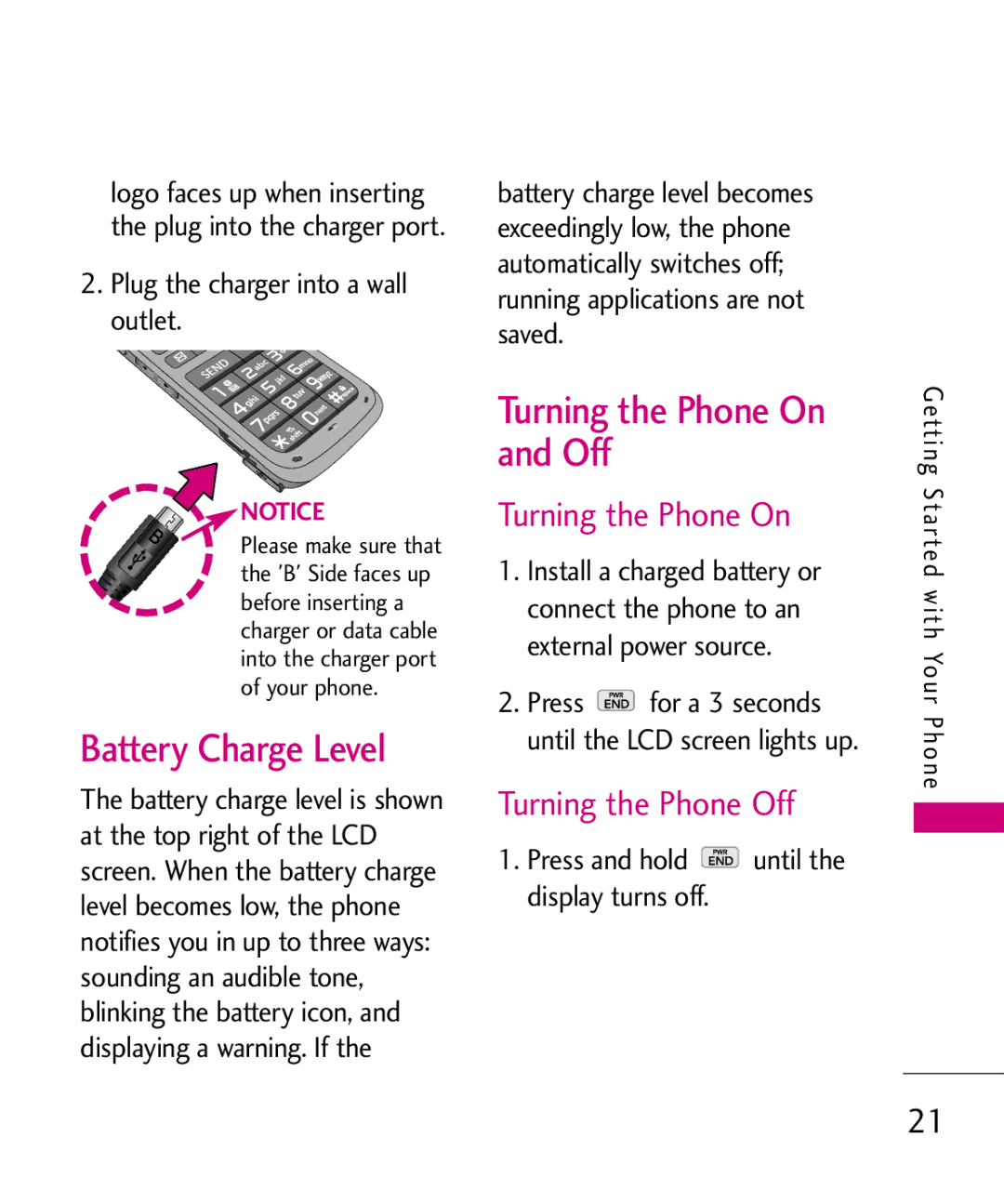 LG Electronics MMBB0386201 manual Battery Charge Level, Turning the Phone On and Off, Turning the Phone Off 