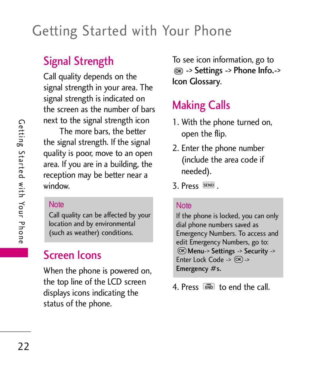 LG Electronics MMBB0386201 manual Getting Started with Your Phone, Signal Strength, Screen Icons, Making Calls 