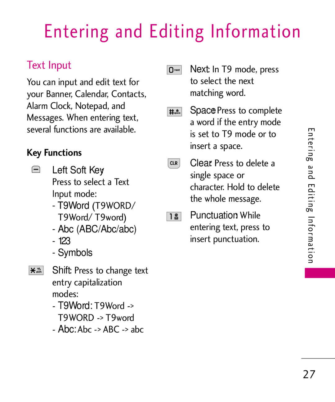 LG Electronics MMBB0386201 manual Entering and Editing Information, Text Input, Key Functions 