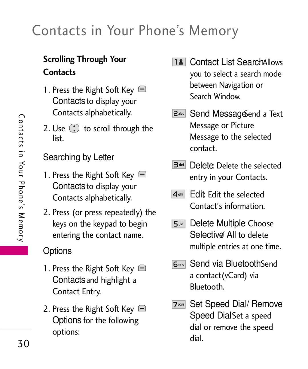 LG Electronics MMBB0386201 manual Contacts in Your Phone’s Memory, Scrolling Through Your Contacts 