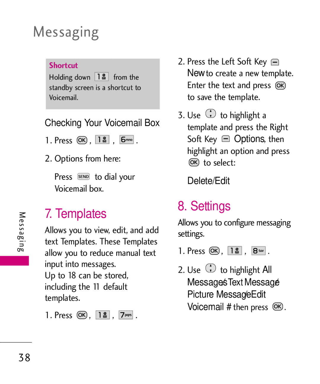 LG Electronics MMBB0386201 manual Settings, Templates, Delete/Edit 