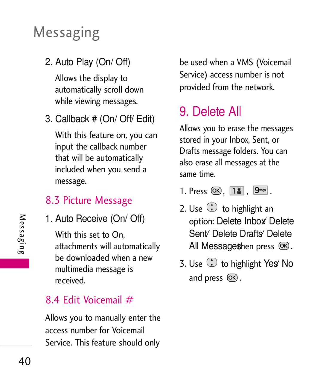 LG Electronics MMBB0386201 manual Delete All, Picture Message, Edit Voicemail #, Auto Play On/ Off, Auto Receive On/ Off 