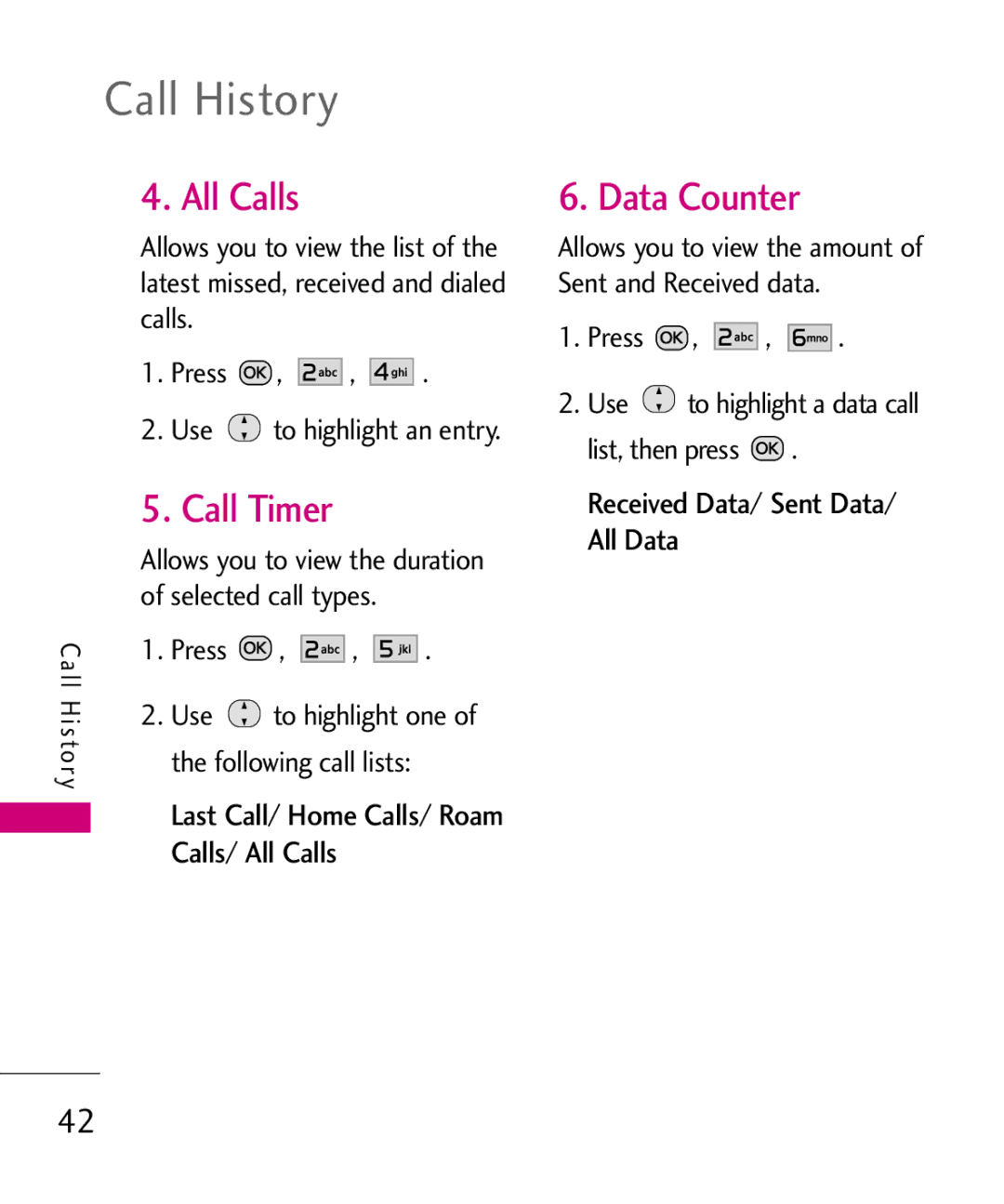 LG Electronics MMBB0386201 manual Call Timer, Data Counter, Calls/ All Calls, Received Data/ Sent Data/ All Data 