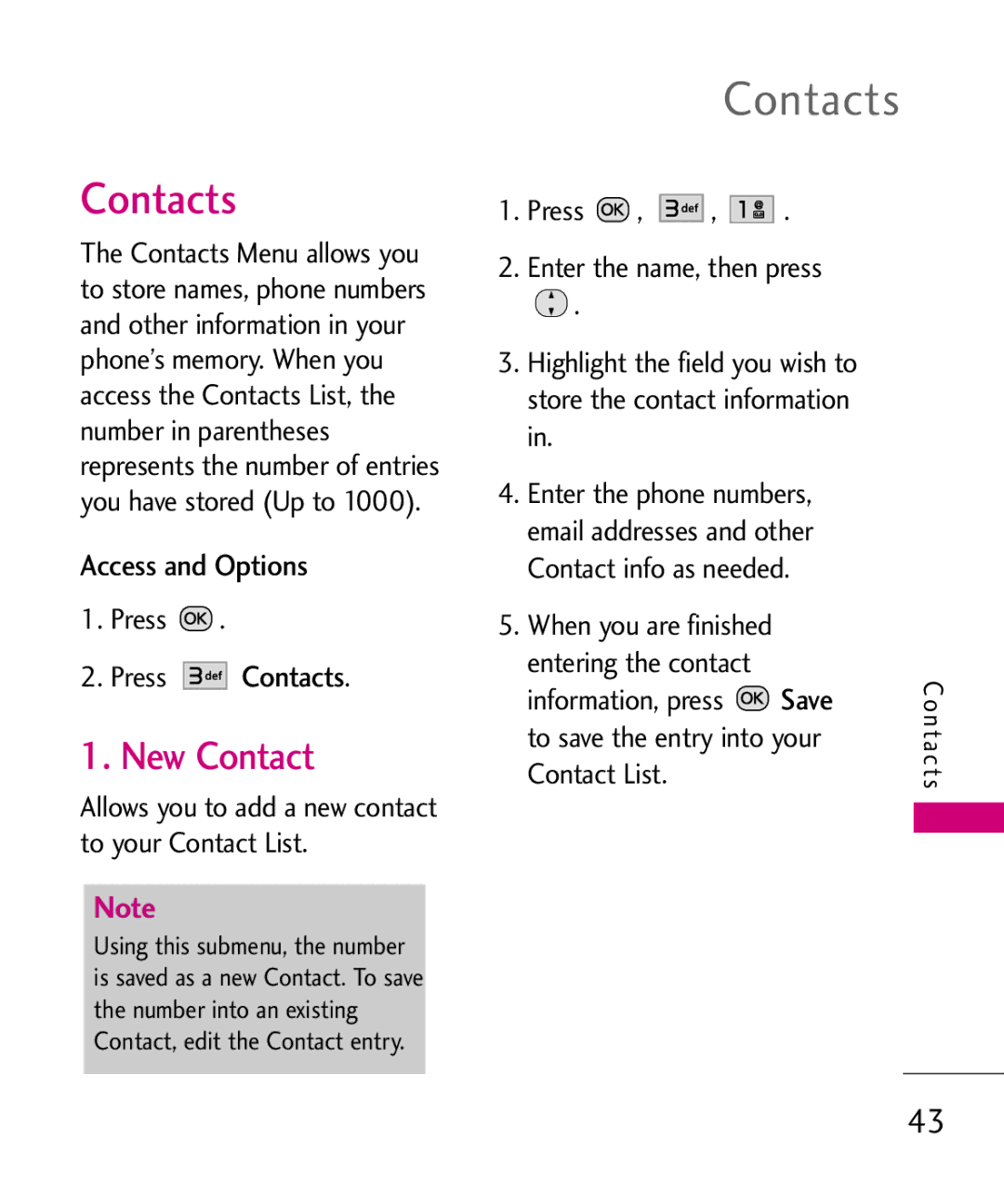 LG Electronics MMBB0386201 manual New Contact, Press Contacts, Save 