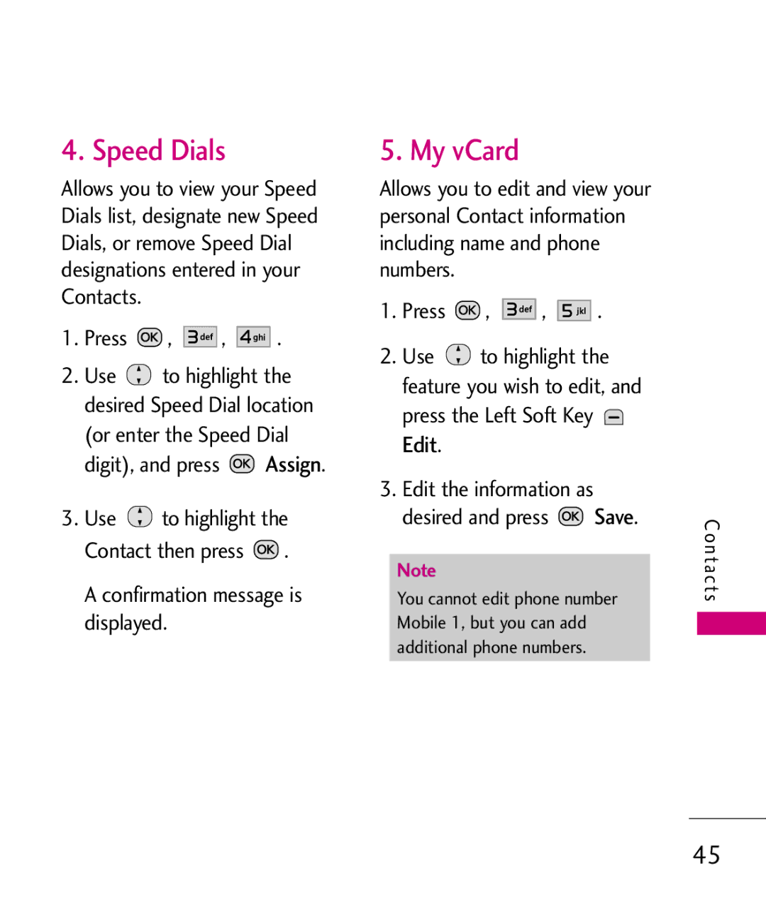 LG Electronics MMBB0386201 manual Speed Dials, My vCard, Confirmation message is displayed 