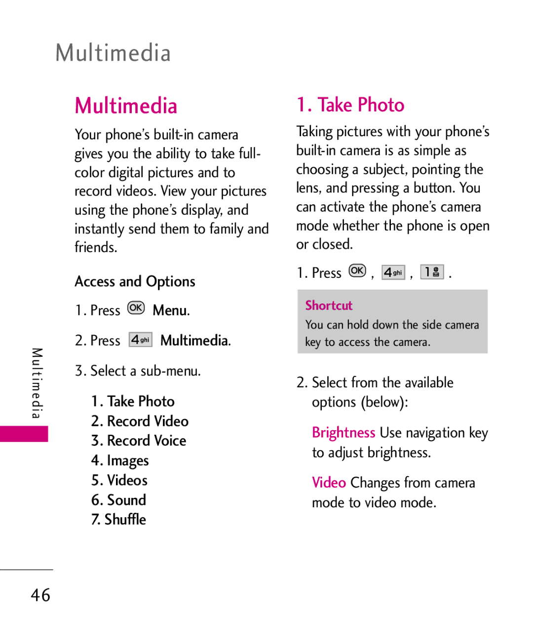 LG Electronics MMBB0386201 manual Multimedia, Take Photo 