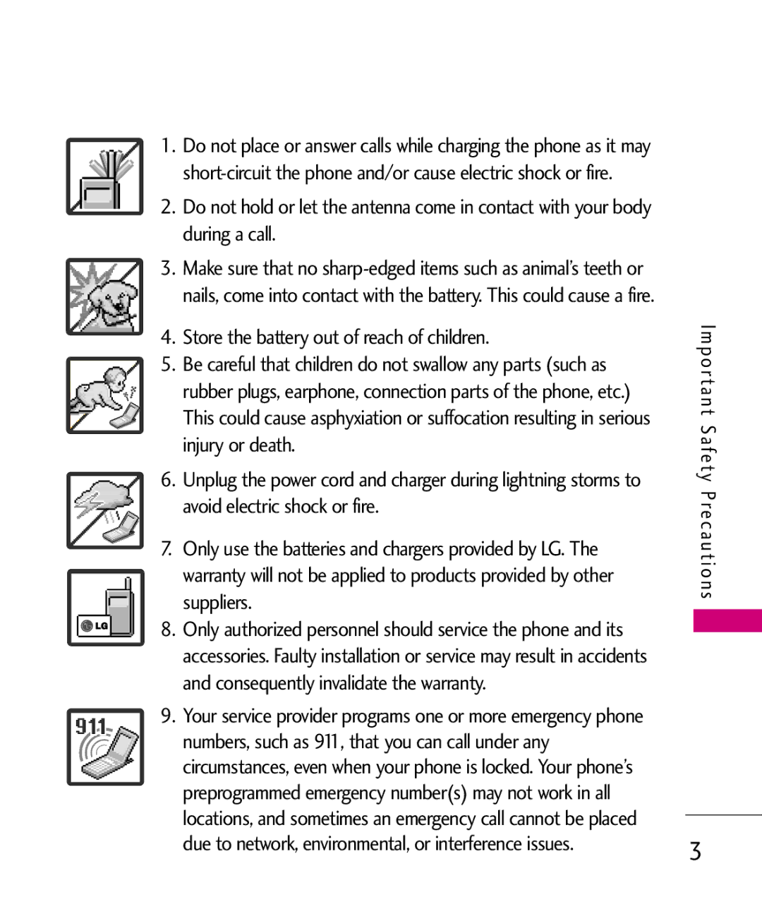 LG Electronics MMBB0386201 manual Store the battery out of reach of children 