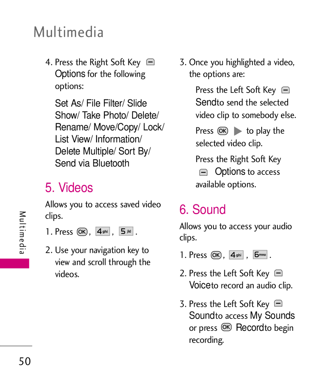 LG Electronics MMBB0386201 manual Videos, Sound, Clips, Allows you to access your audio clips Press 