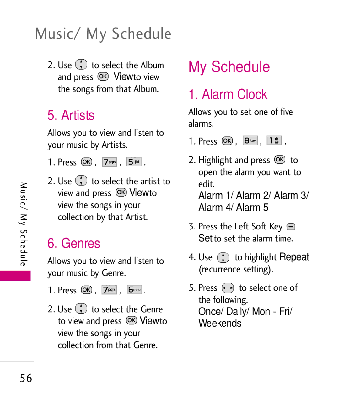 LG Electronics MMBB0386201 manual Music/ My Schedule, Artists, Genres, Alarm Clock 