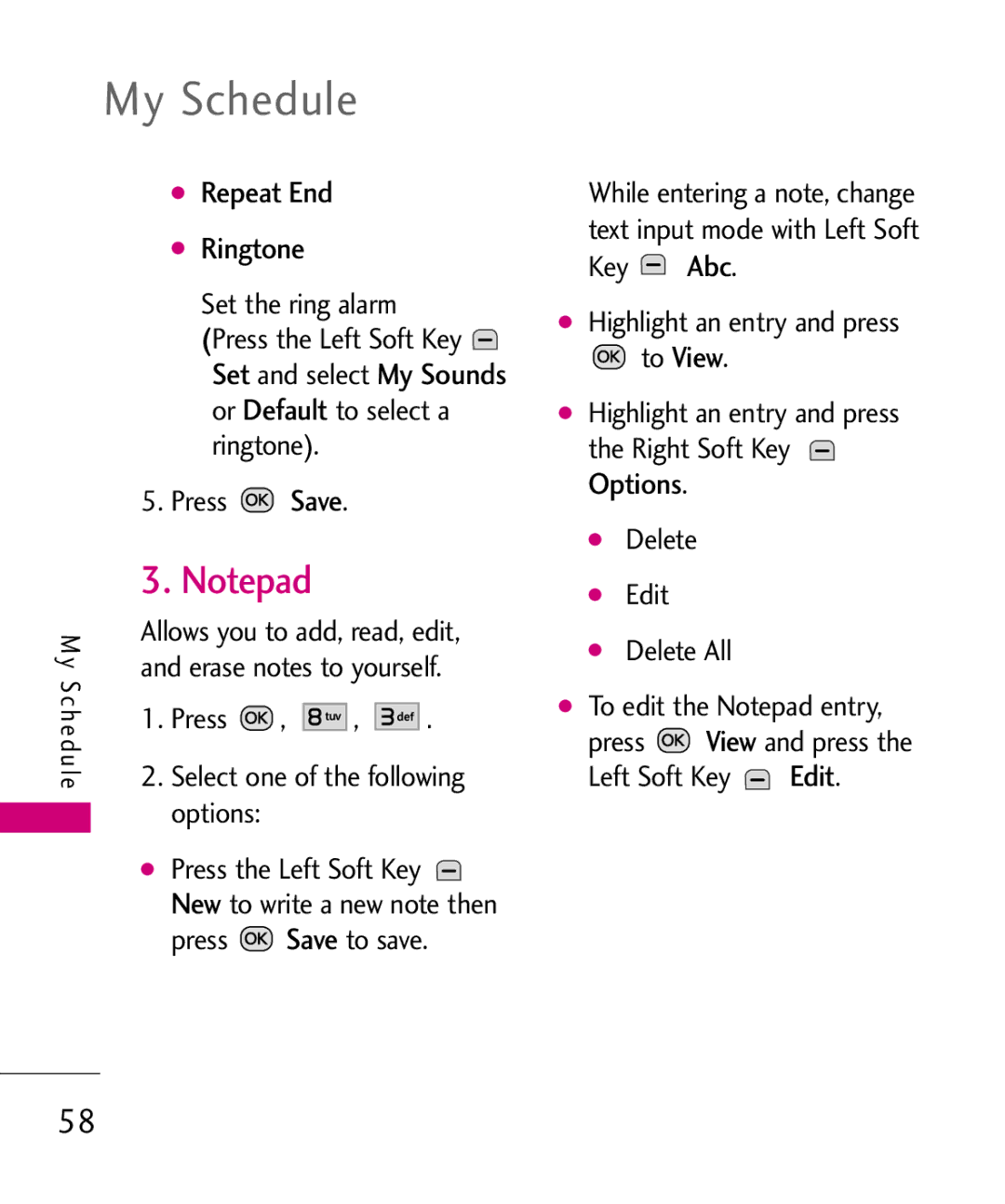 LG Electronics MMBB0386201 manual My Schedule, Repeat End Ringtone, Set the ring alarm, Press Save, Options 