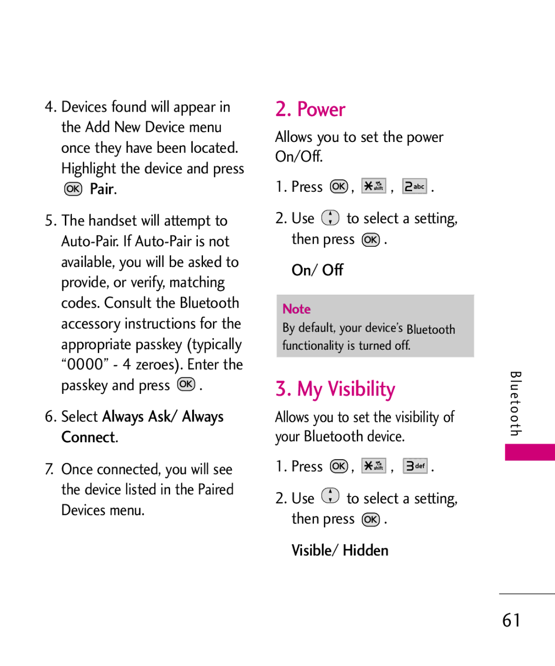 LG Electronics MMBB0386201 manual Power, My Visibility, Select Always Ask/ Always Connect, On/ Off, Visible/ Hidden 