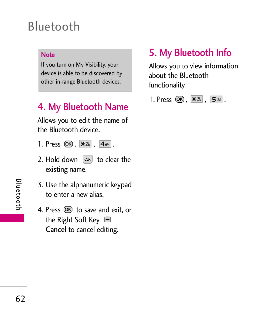 LG Electronics MMBB0386201 manual My Bluetooth Name, My Bluetooth Info, Press Hold down, To enter a new alias 