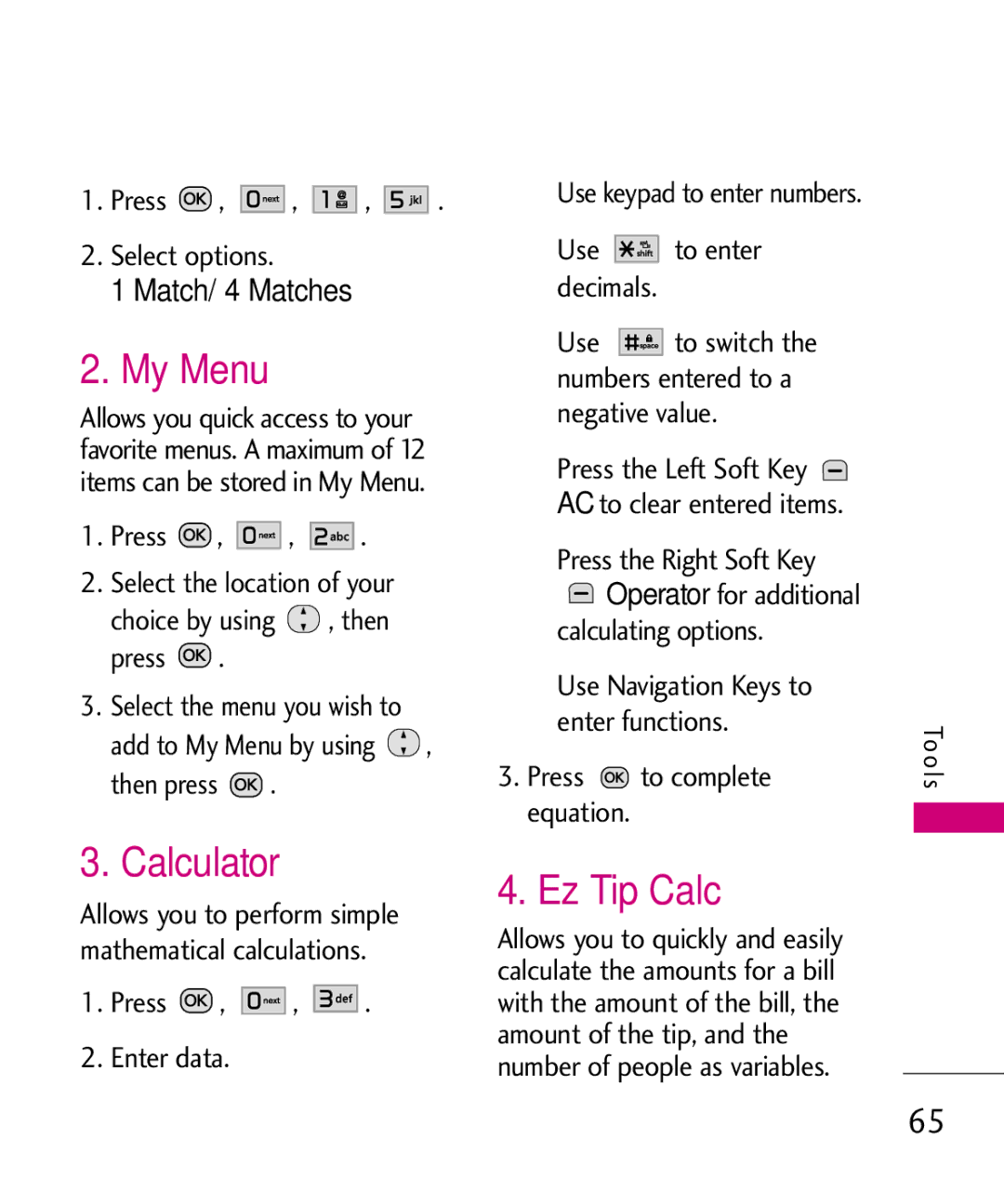 LG Electronics MMBB0386201 manual My Menu, Calculator, Ez Tip Calc, Match/ 4 Matches, Press Enter data 