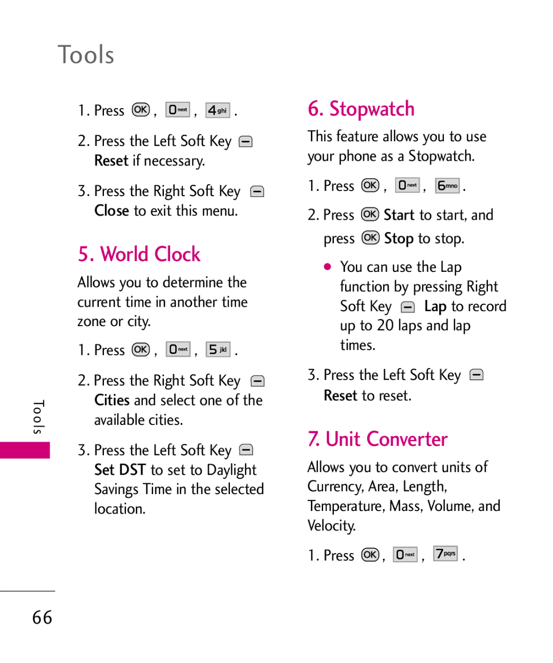 LG Electronics MMBB0386201 manual World Clock, Stopwatch, Unit Converter, Savings Time in the selected location 