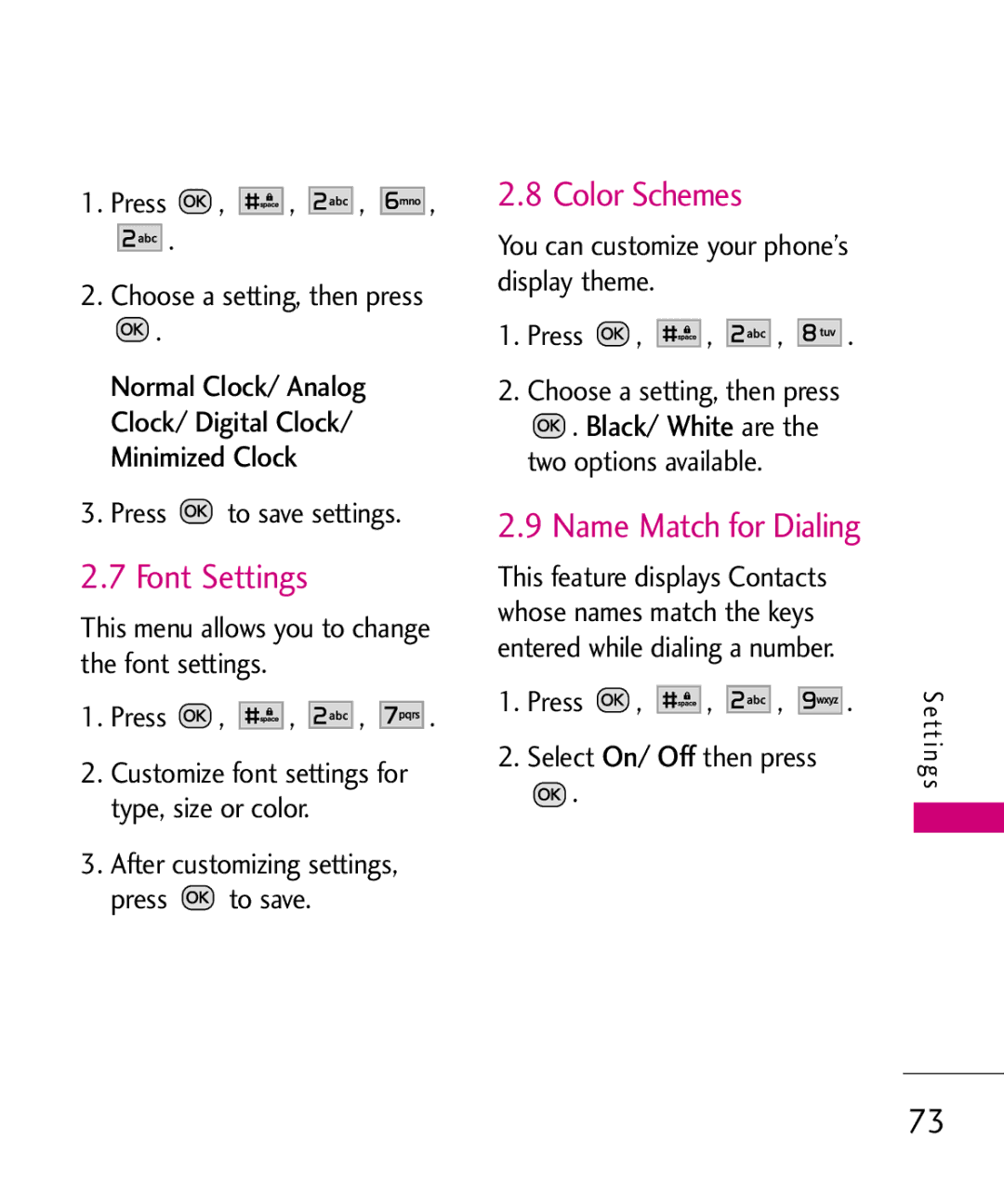 LG Electronics MMBB0386201 manual Font Settings, Color Schemes, Name Match for Dialing 