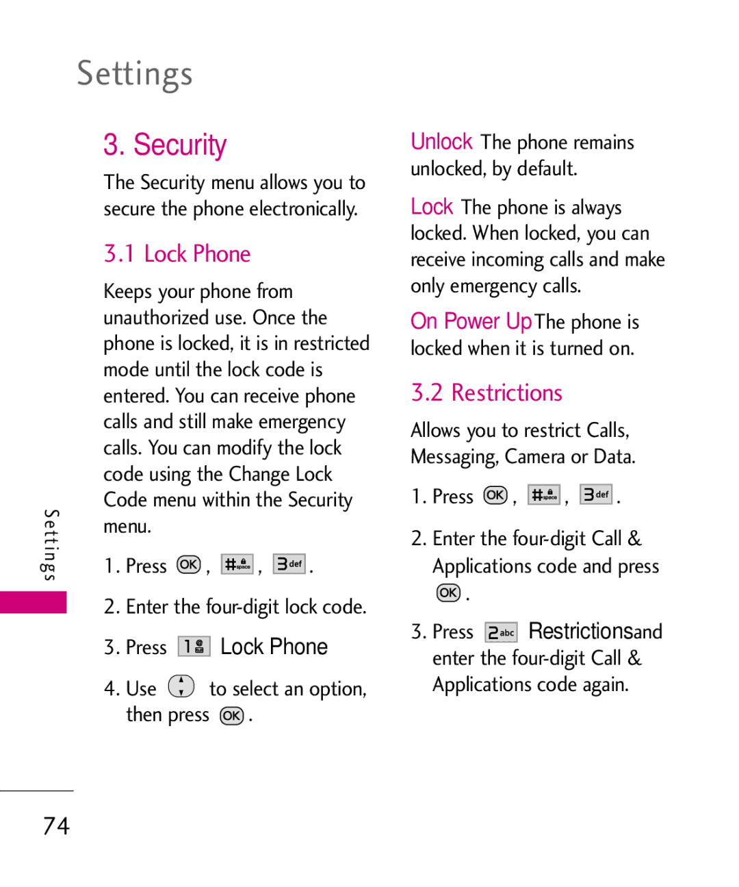 LG Electronics MMBB0386201 manual Security, Lock Phone, Restrictions 