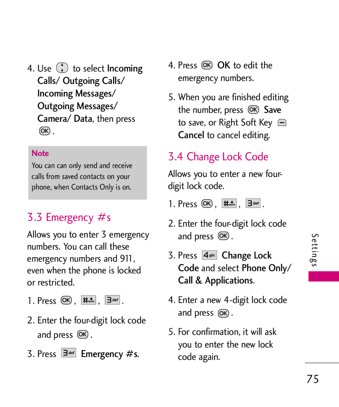 LG Electronics MMBB0386201 manual Emergency #s, Change Lock Code, Press OK to edit the emergency numbers 