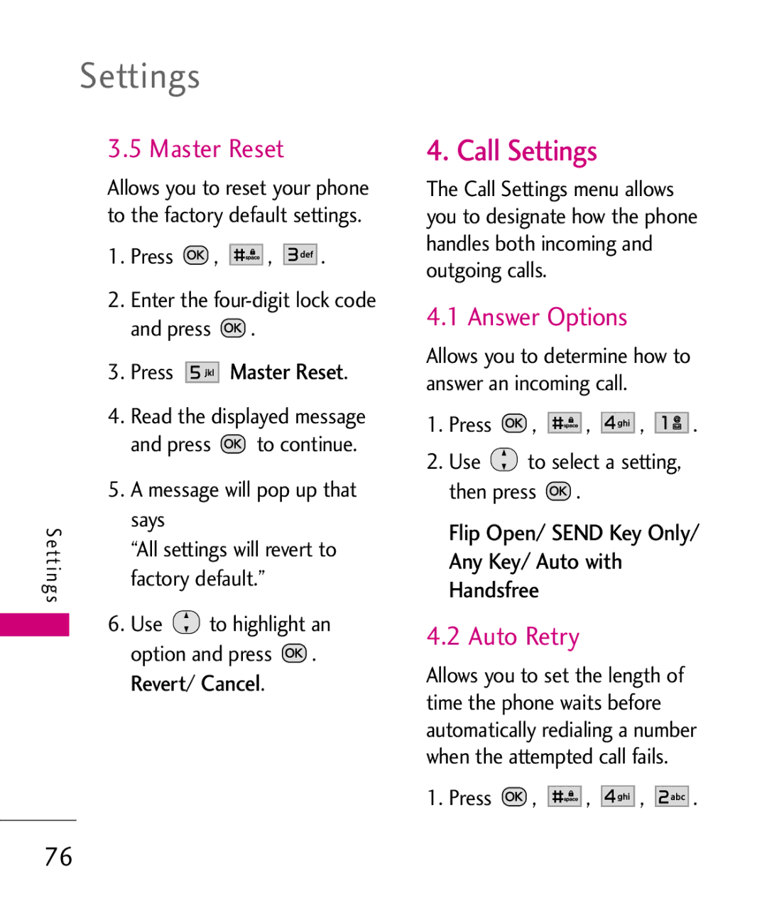 LG Electronics MMBB0386201 manual Call Settings, Master Reset, Answer Options, Auto Retry 