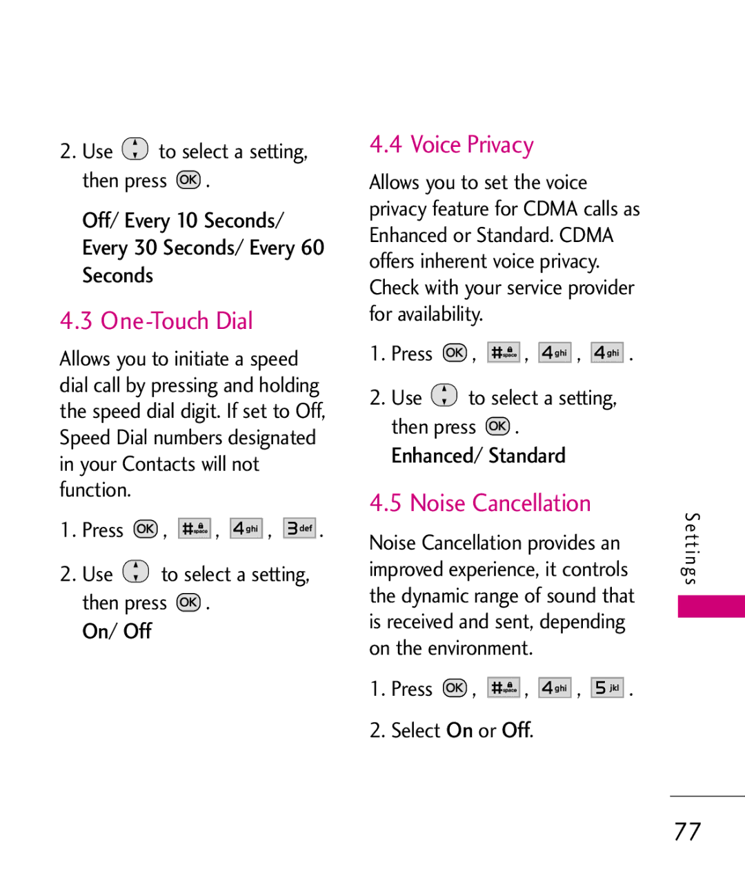 LG Electronics MMBB0386201 manual One-Touch Dial, Voice Privacy, Noise Cancellation 