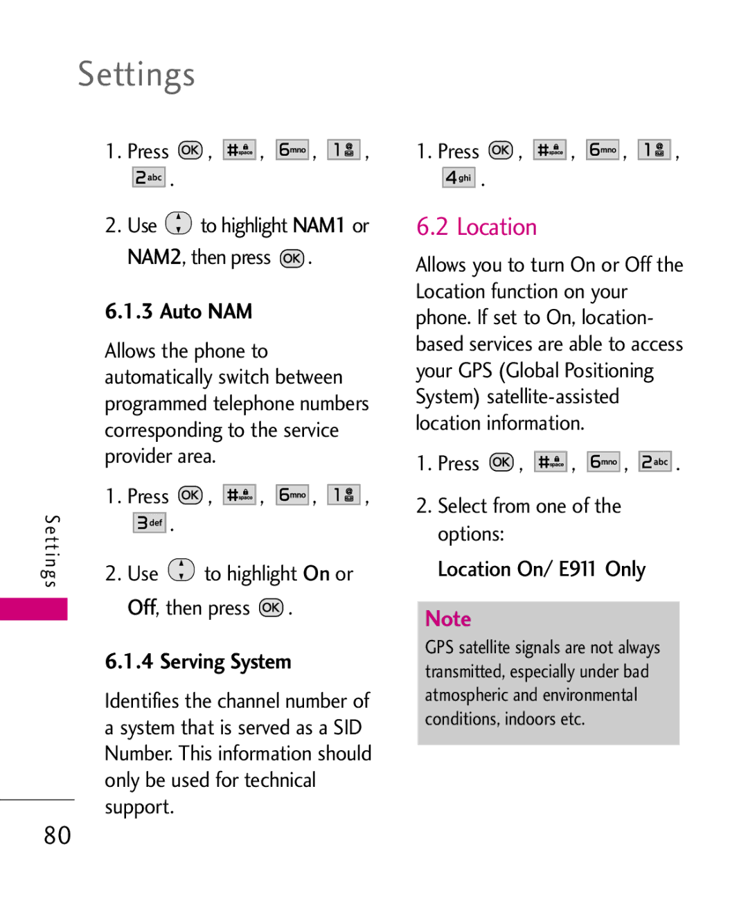 LG Electronics MMBB0386201 manual Auto NAM, Serving System, Location On/ E911 Only 