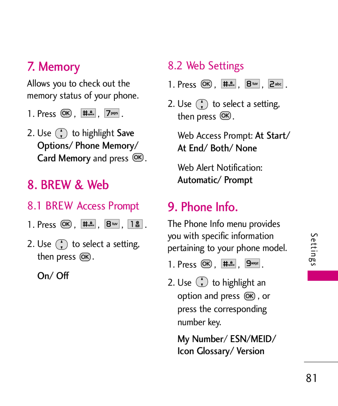 LG Electronics MMBB0386201 manual Memory, Brew & Web, Phone Info, Brew Access Prompt, Web Settings 