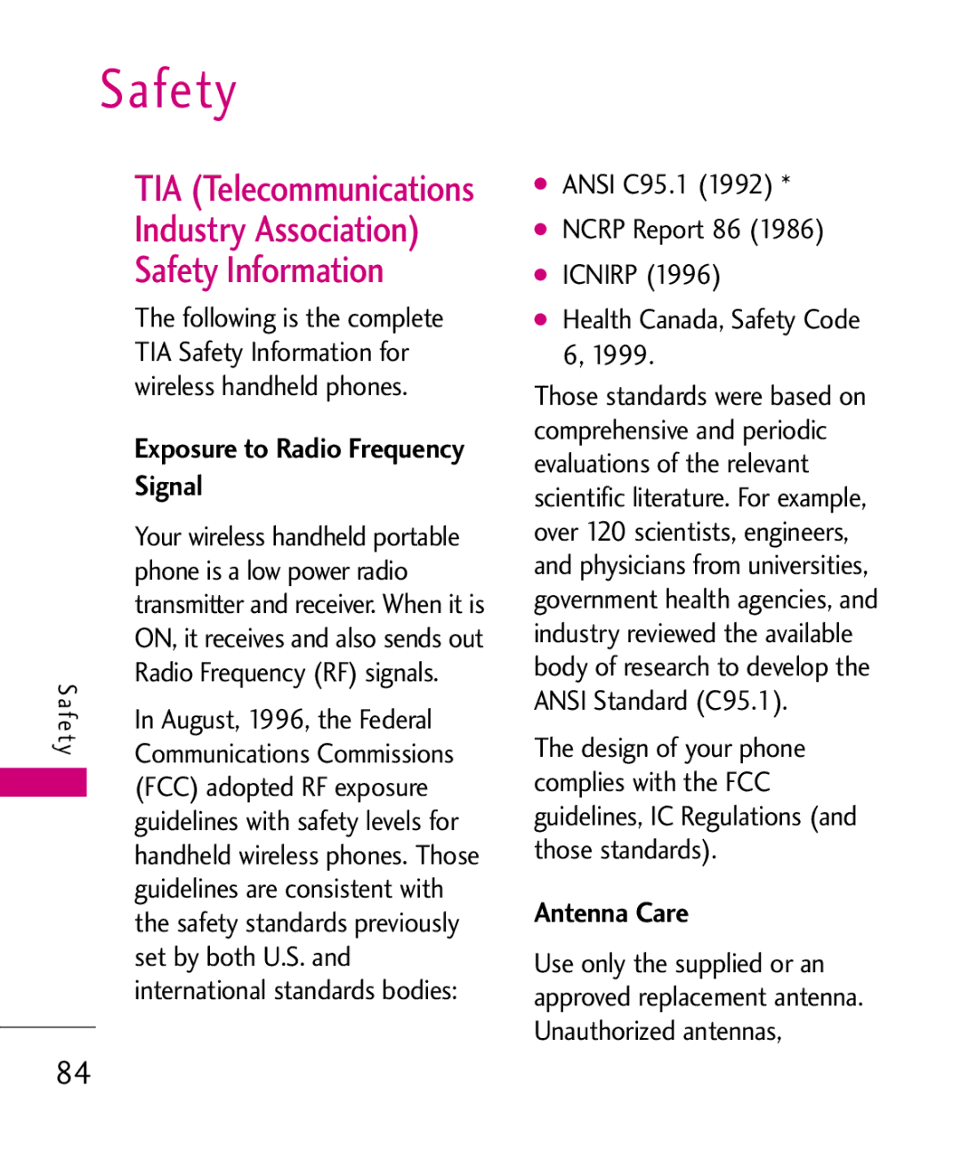 LG Electronics MMBB0386201 manual Industry Association Safety Information, TIA Telecommunications, Signal, Antenna Care 