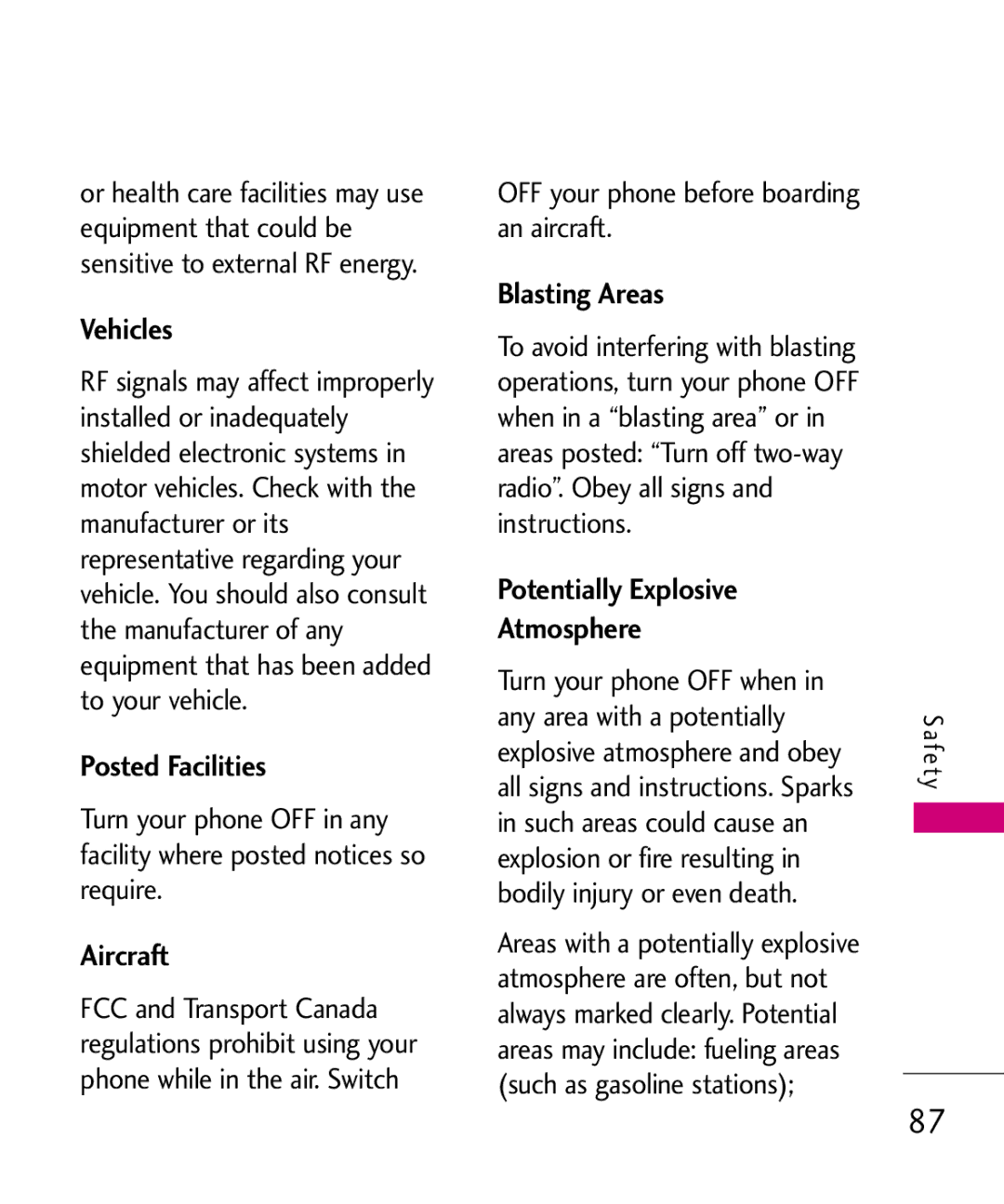 LG Electronics MMBB0386201 manual Vehicles, Posted Facilities, Aircraft, Blasting Areas, Potentially Explosive Atmosphere 